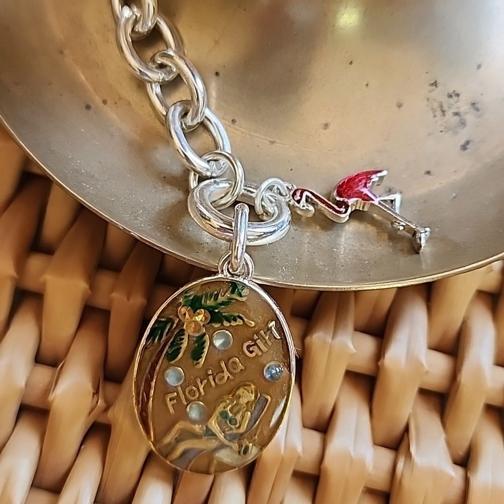 Florida Flamingo Girl Charm Bracelet With Silver Tone Chain & Toggle Close